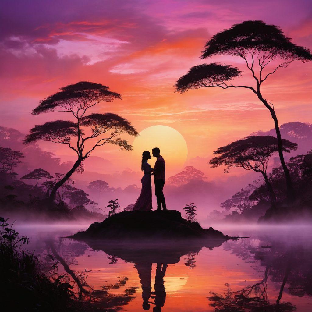 A captivating scene depicting an enchanting Indonesian landscape at dusk, where vibrant colors blend in the sky. The foreground features abstract silhouettes of two lovers intertwined in an artistic pose, embodying the allure of animated erotica. Gentle swirls of mist and ornate patterns form an ethereal atmosphere, hinting at the sensuality of their connection. Elements of traditional Indonesian art subtly woven in the background, enhancing the exotic charm. surreal, vibrant colors, artistic brush strokes.
